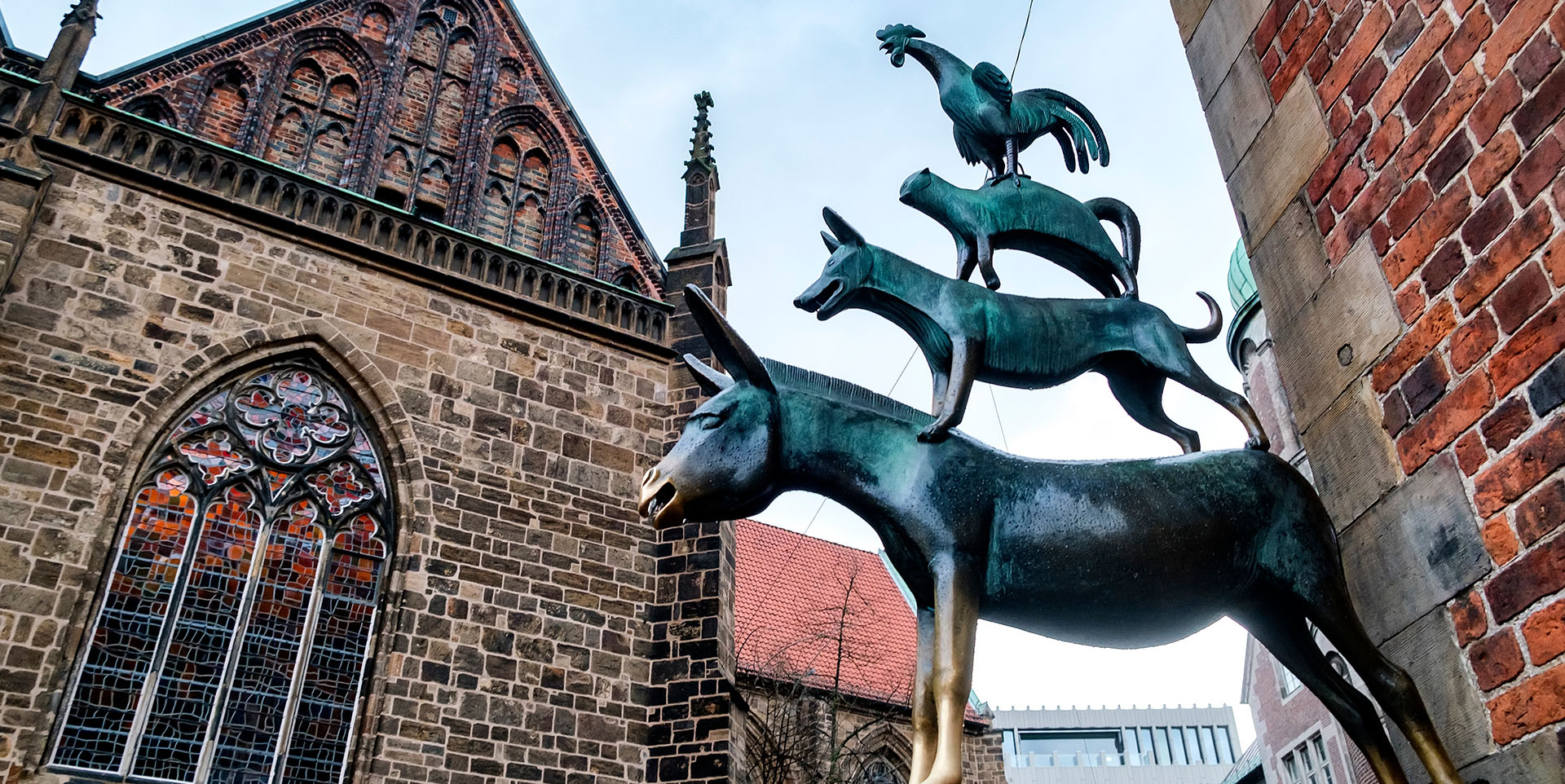 A bronze statue depicting the Bremen Town Musicians in Bremen, G